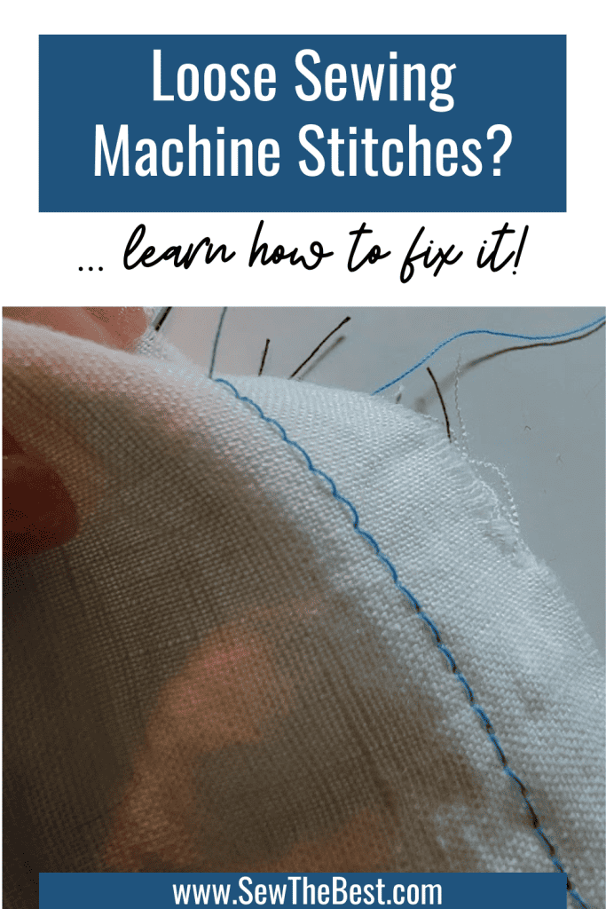 Loose Sewing Machine Stitches? ... learn how to fix it! Picture of white fabric with blue loose sewing machine stitches follows.