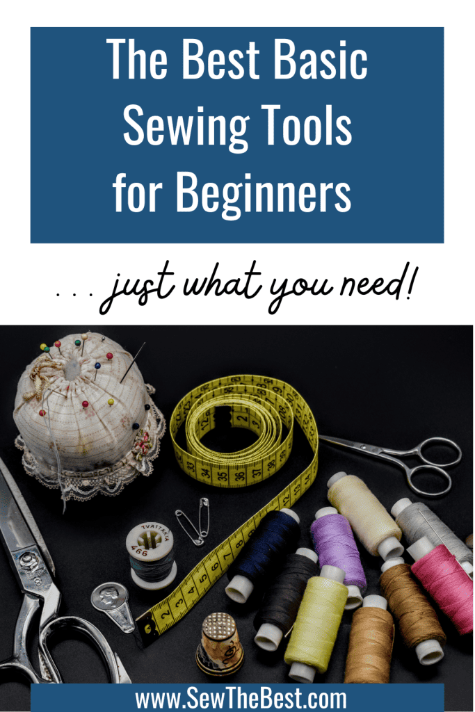 The Best Basic Sewing Tools for Beginners ... just what you need! Picture of sewing tools - pins, scissors, thread, tape measure, needle threader, on a dark background follows.