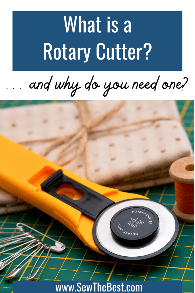 What is a Rotary Cutter? ... and why do you need one? Picture of a rotary cutter on a cutting mat, with safety pins, fabric, and a spool of thread follows.