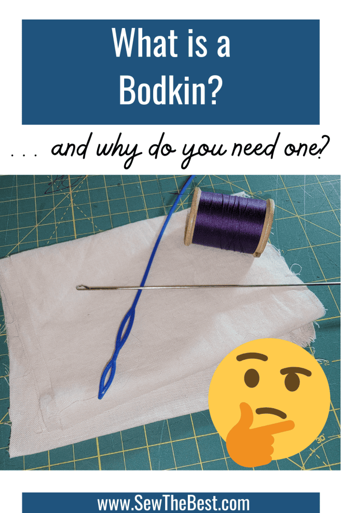 What is a Bodkin?  ...and why do you need it?  This is followed by the image of a grommet and a loop puller on white fabric placed on a cutting mat with a spool of purple thread.