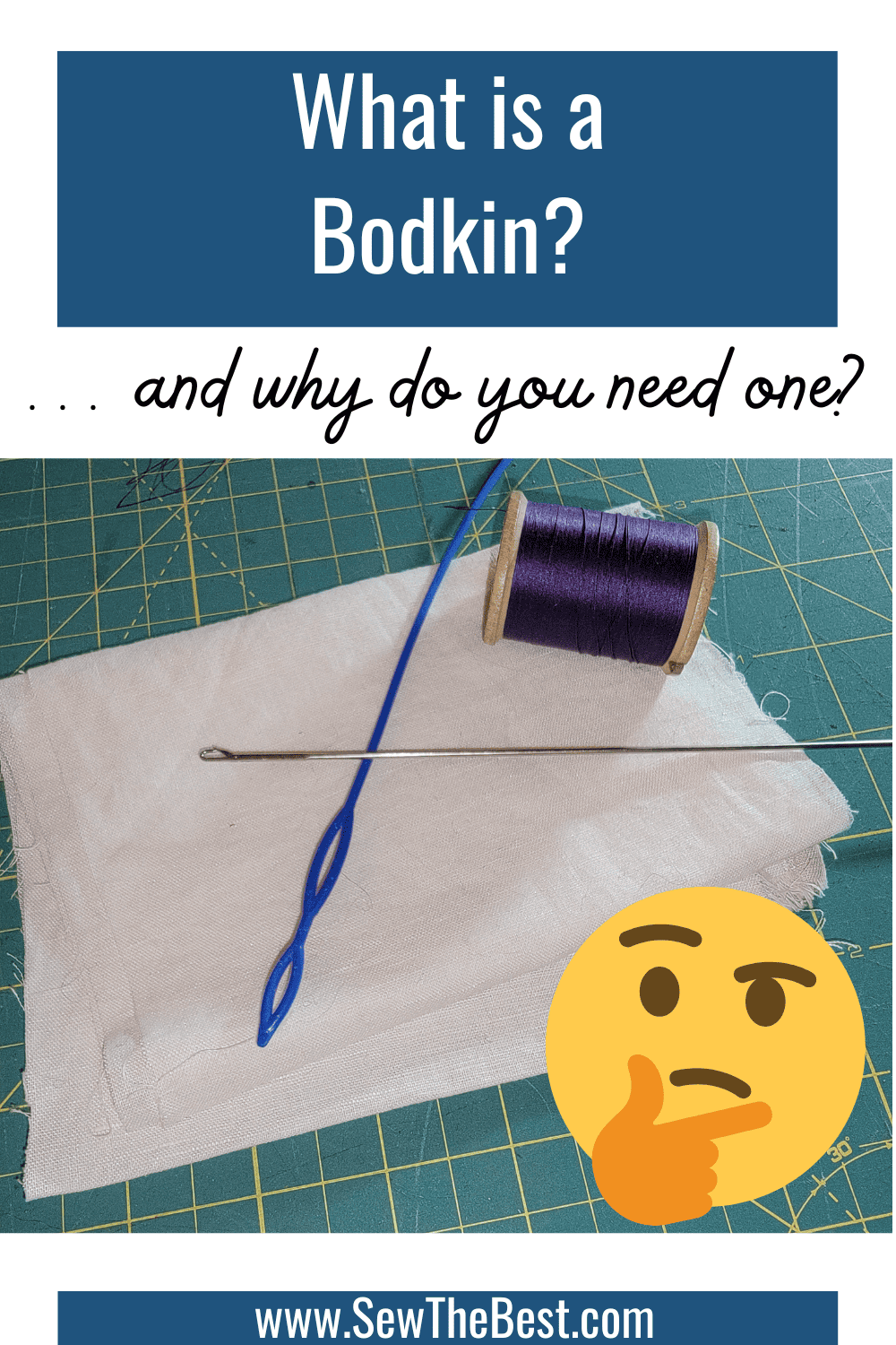 What is a Bodkin? ... and why do you need one? Picture of a bodkin and loop pouller on white fabric on a cutting mat with a spool of purple thread follows.